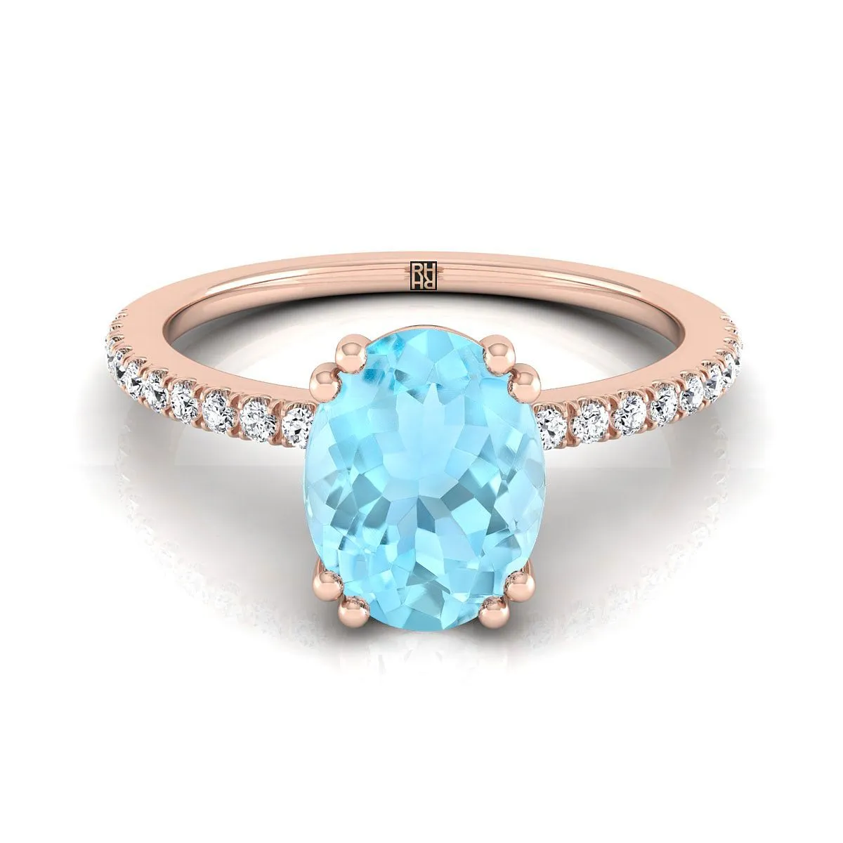 14K Rose Gold Oval Aquamarine Simple French Pave Double Claw Prong Diamond Engagement Ring -1/6ctw