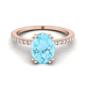 14K Rose Gold Oval Aquamarine Simple French Pave Double Claw Prong Diamond Engagement Ring -1/6ctw