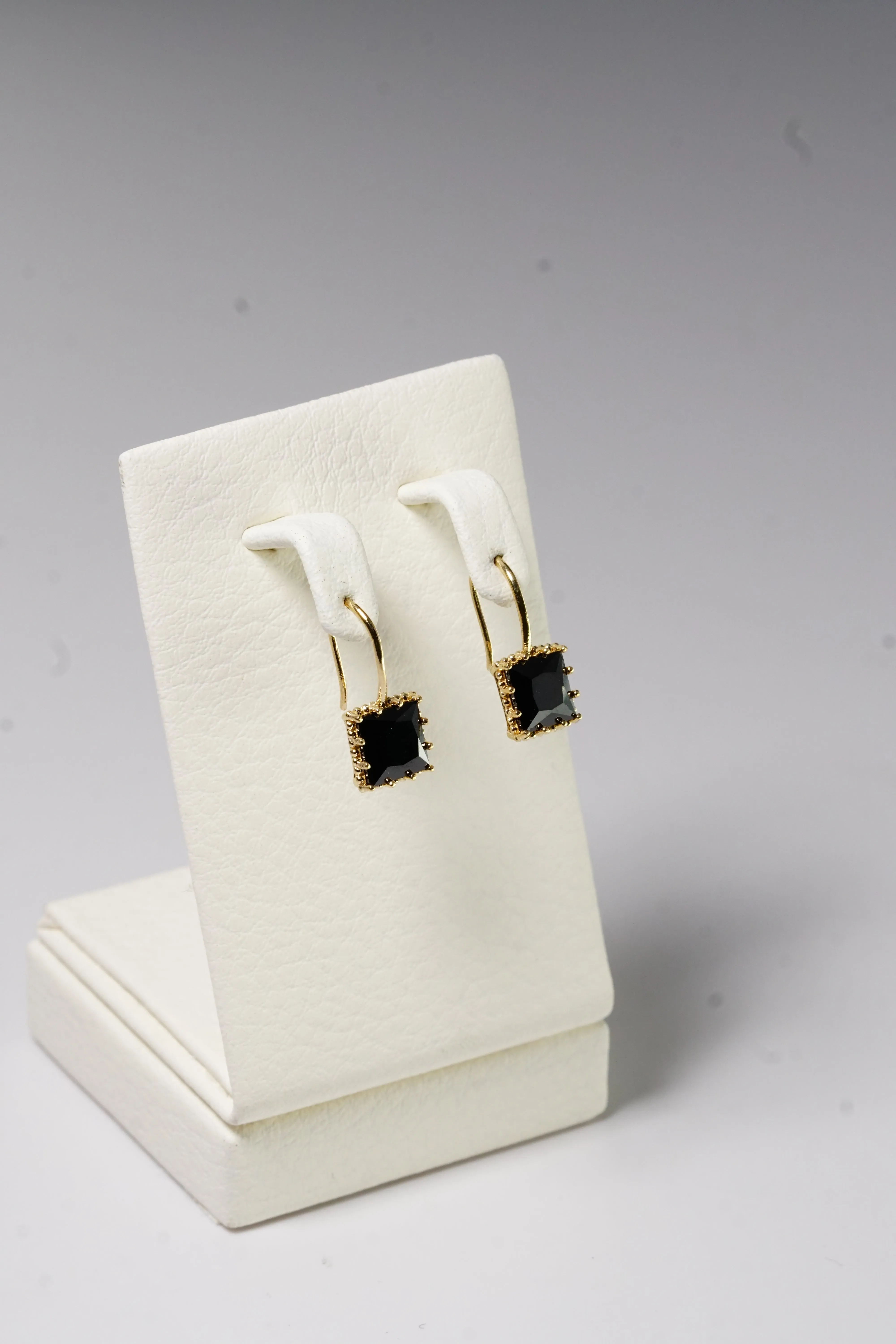 14k Solid Gold Black Stone Square Bold Hoop Earring