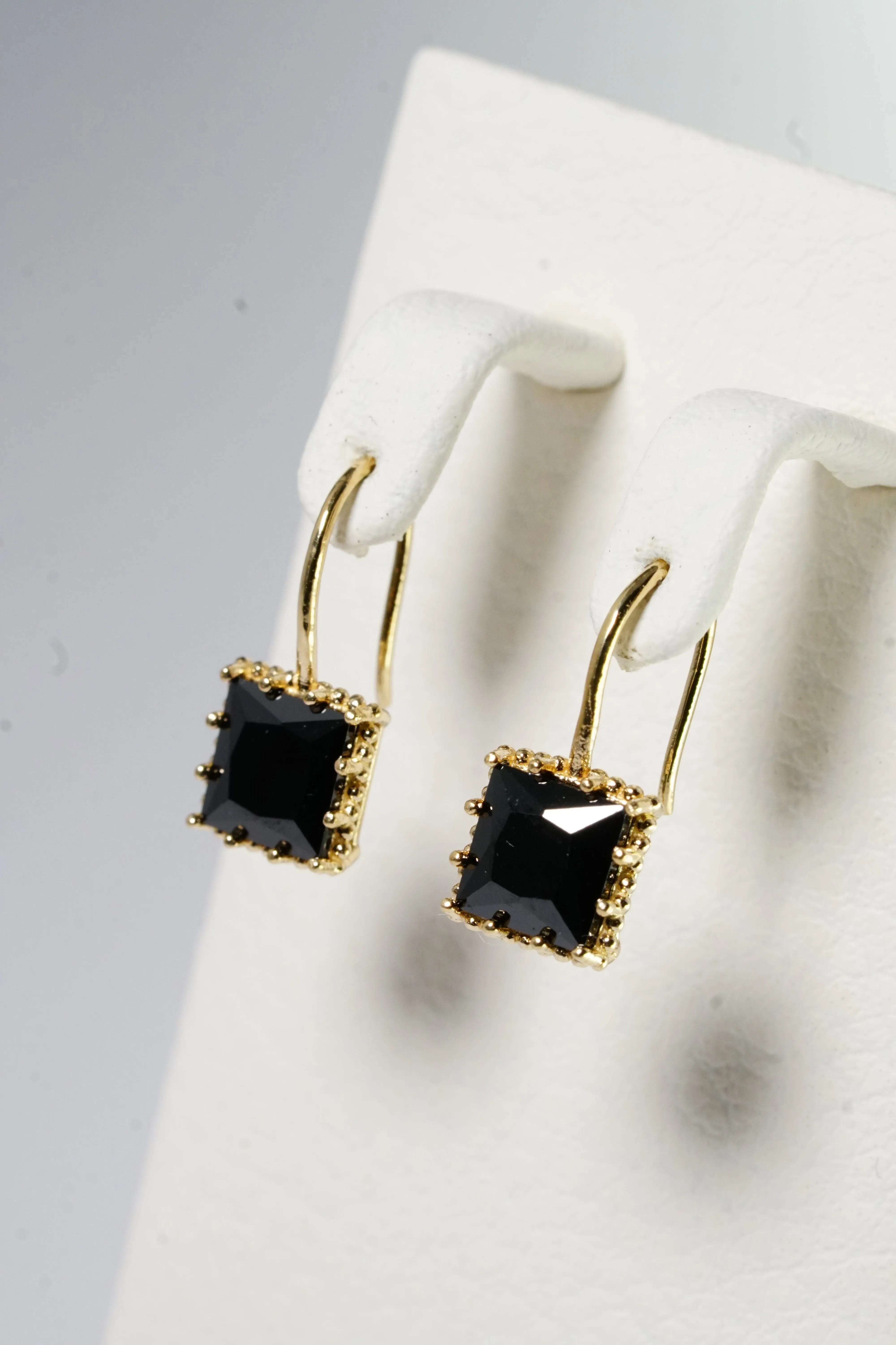 14k Solid Gold Black Stone Square Bold Hoop Earring