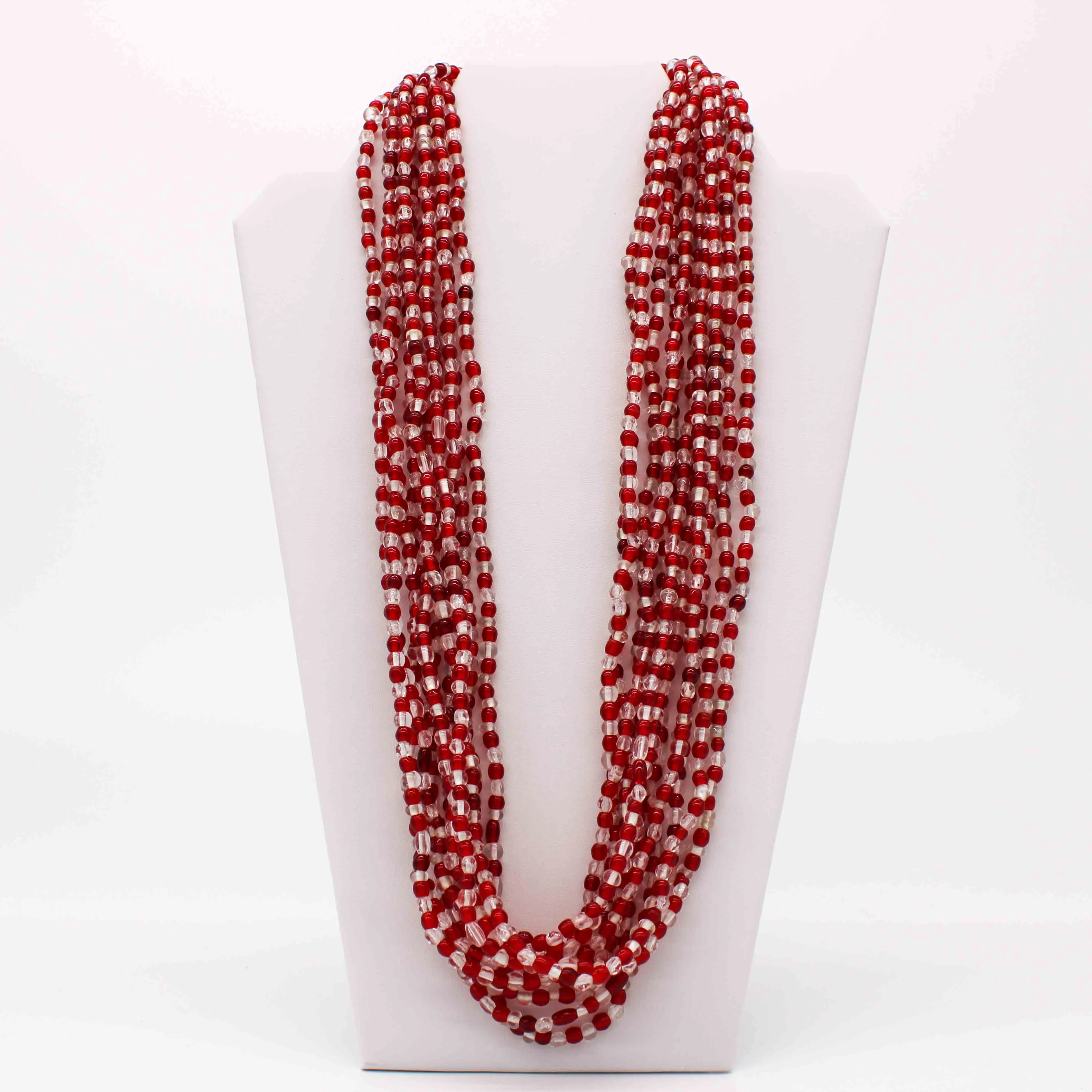 27" Clear and Red Glass Bead Necklace (Dozen)