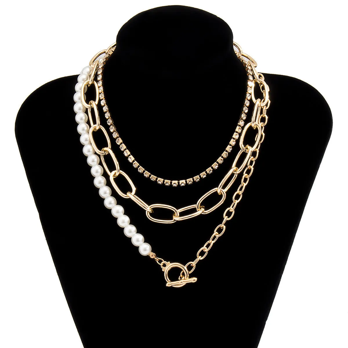 3pcs Vintage Bold Chain Faux Diamond Pearl Set Necklaces For Womene Retro