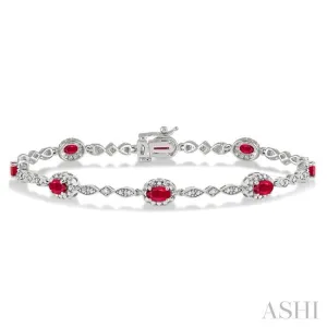 5x3 MM Oval Cut Ruby and 1/20 Ctw Single Cut Diamond Bracelet in 14K White Gold