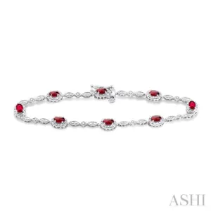 5x3MM Oval Cut Ruby and 1/20 Ctw Single Cut Diamond Bracelet in 14K White Gold