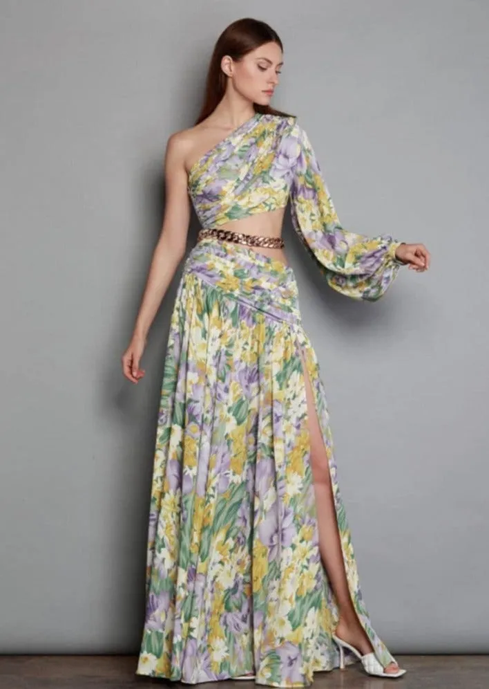 Asymmetrical Purple Floral Maxi Dress