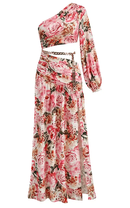 Asymmetrical Red Floral Maxi Dress