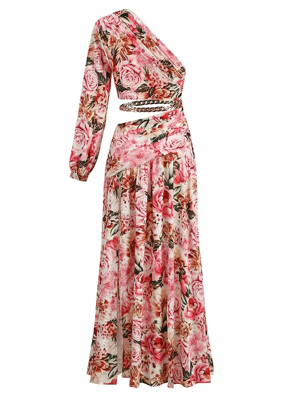 Asymmetrical Red Floral Maxi Dress