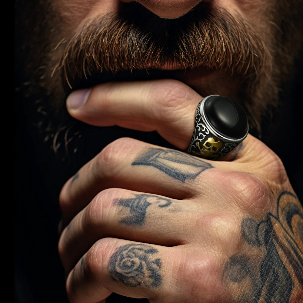 Black Onyx Signet Ring with Skull for Men