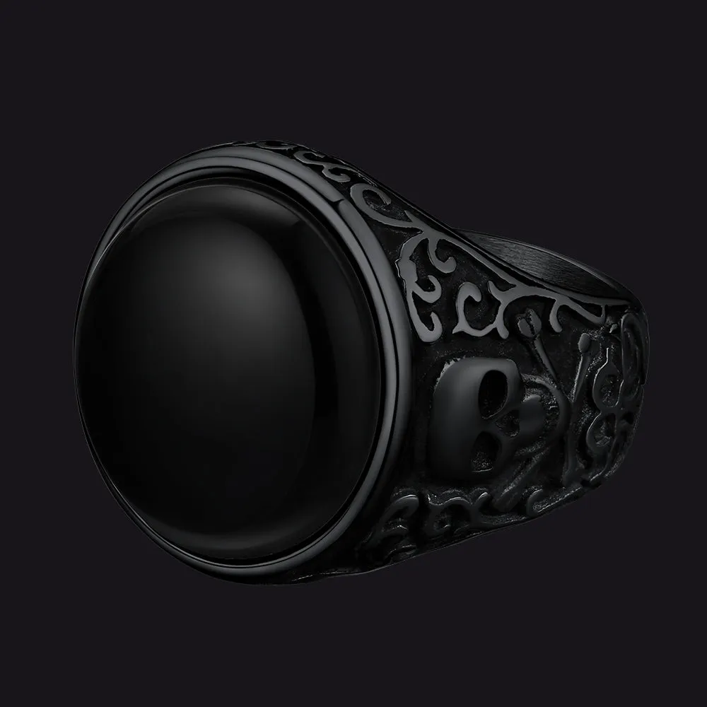 Black Onyx Signet Ring with Skull for Men