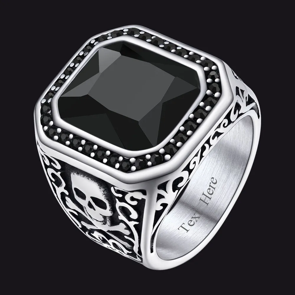 Black Onyx Signet Ring with Skull for Men