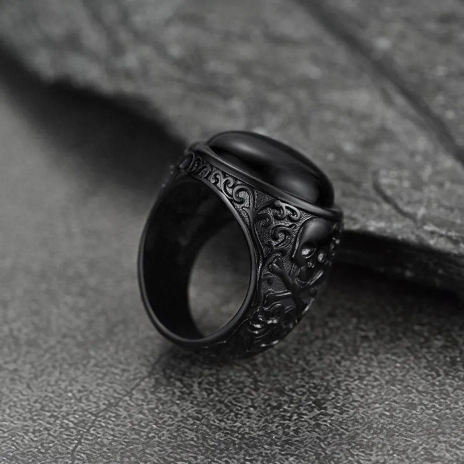 Black Onyx Signet Ring with Skull for Men