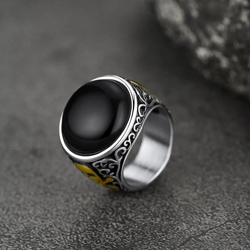 Black Onyx Signet Ring with Skull for Men