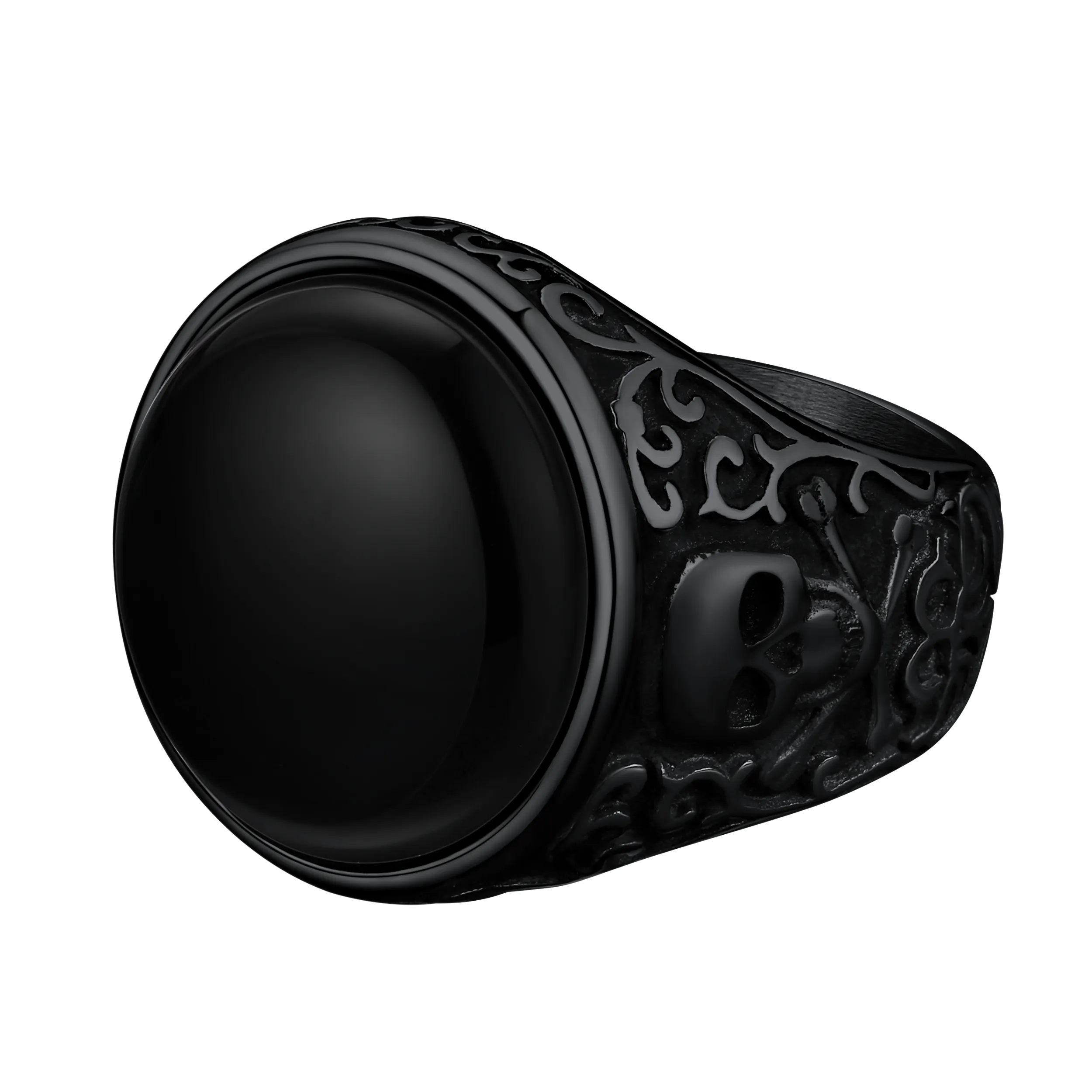 Black Onyx Signet Ring with Skull for Men