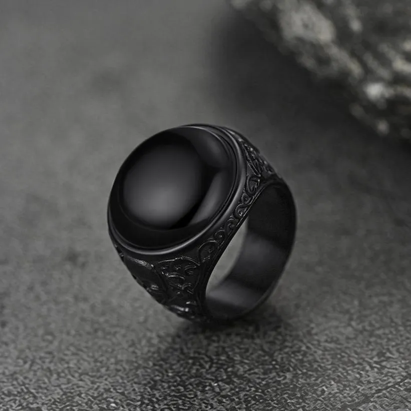 Black Onyx Signet Ring with Skull for Men