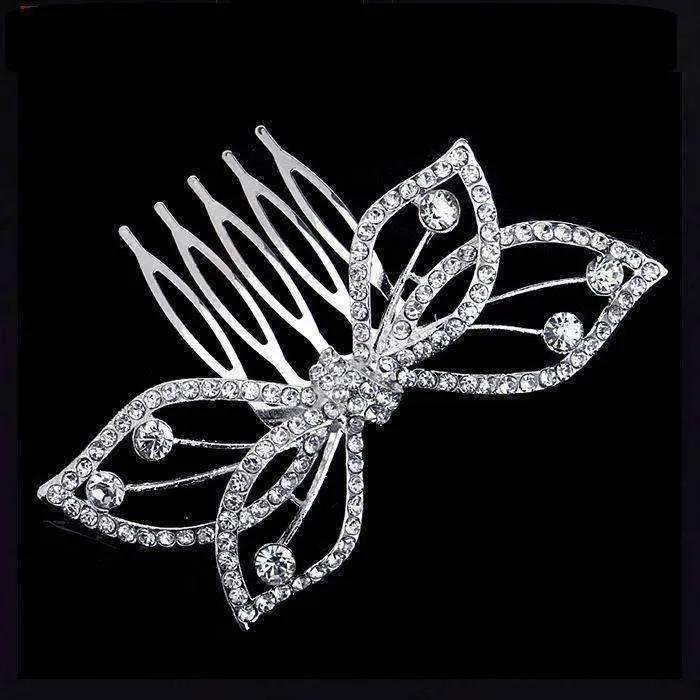 Butterfly Bow Crystal and Silver Plated Hair Comb