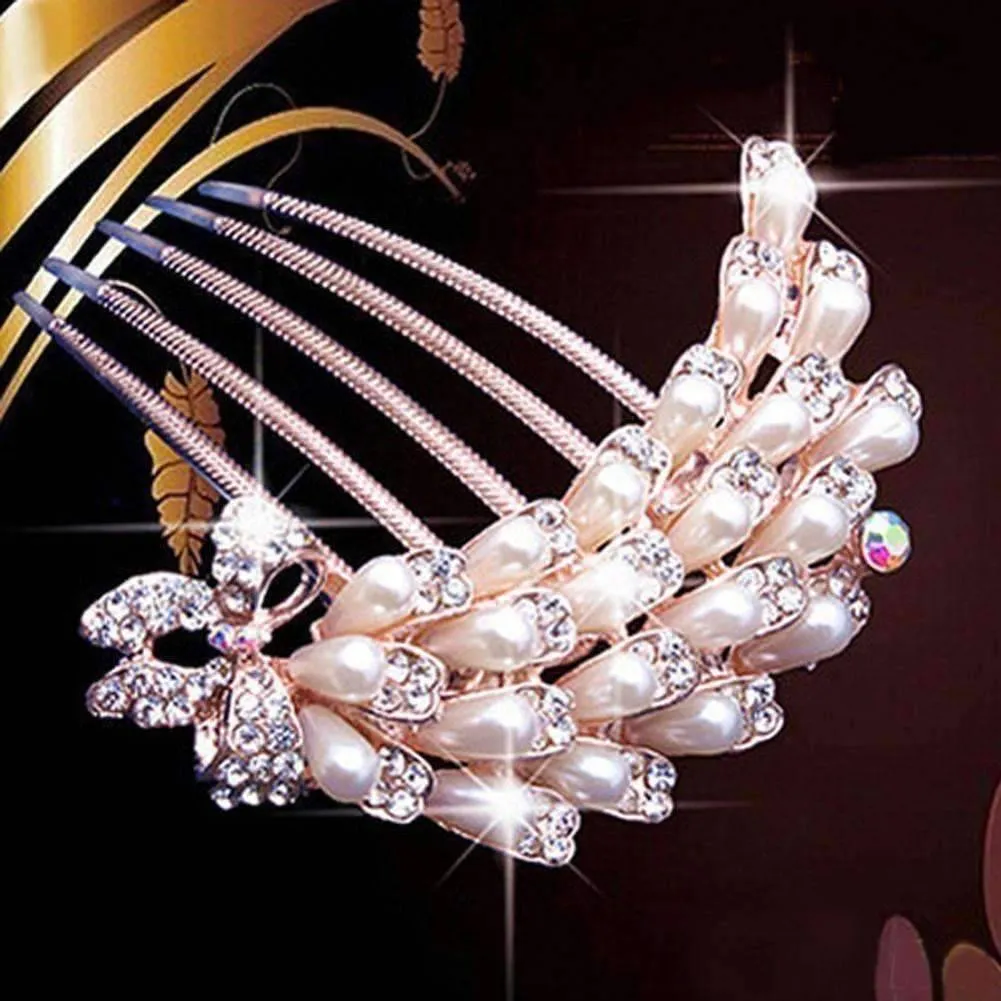 Cascade Pearl and Crystal Bow Gold Plated Hair Comb for Woman