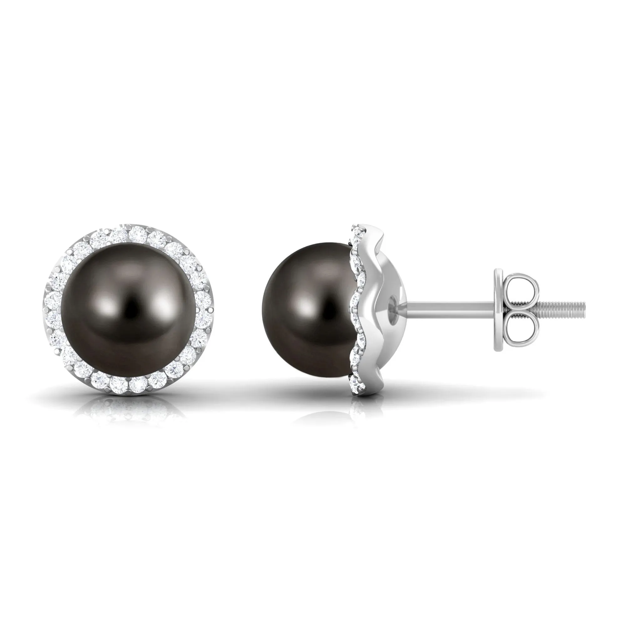 Classic Tahitian Pearl Stud Earrings with Diamond Halo