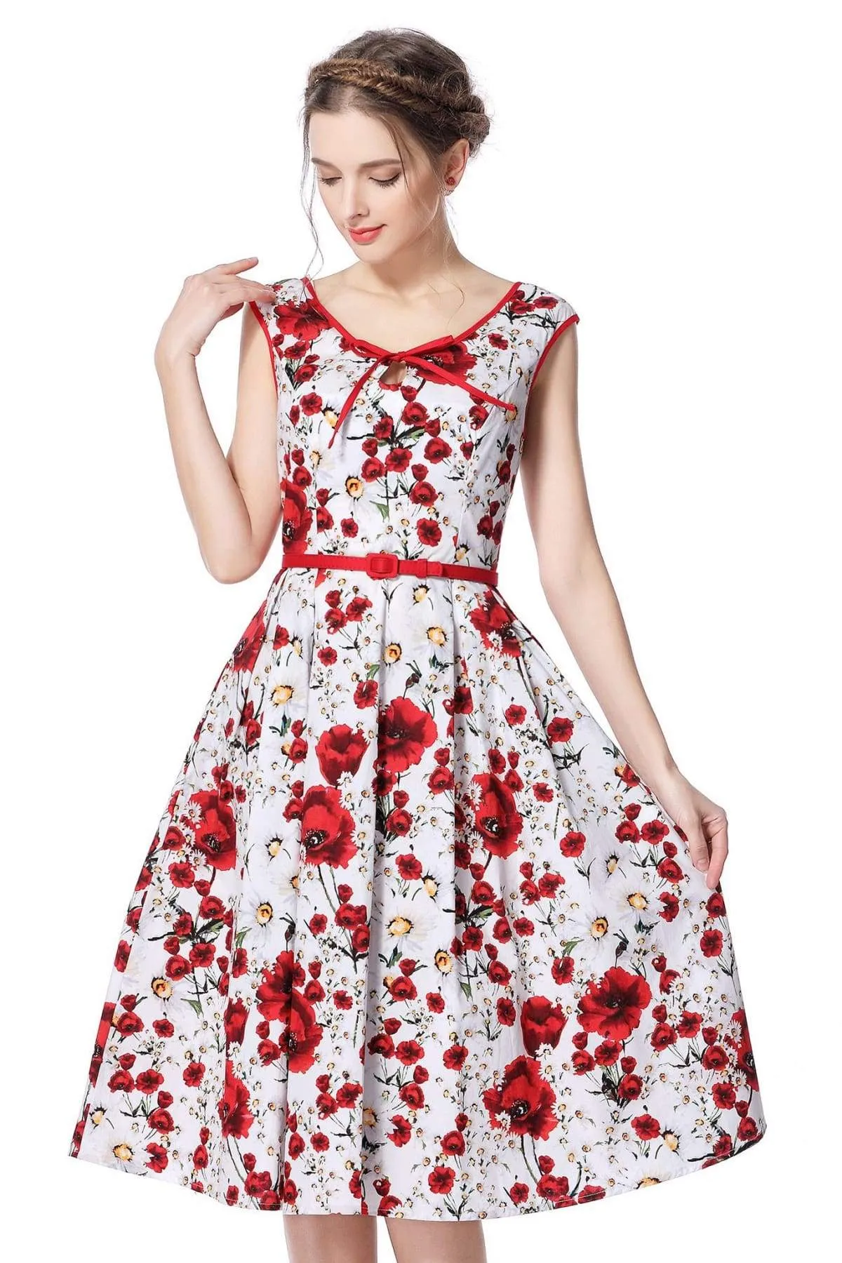 Daisy & Poppy Scoop Neck Bow Tie Vintage Swing Dress