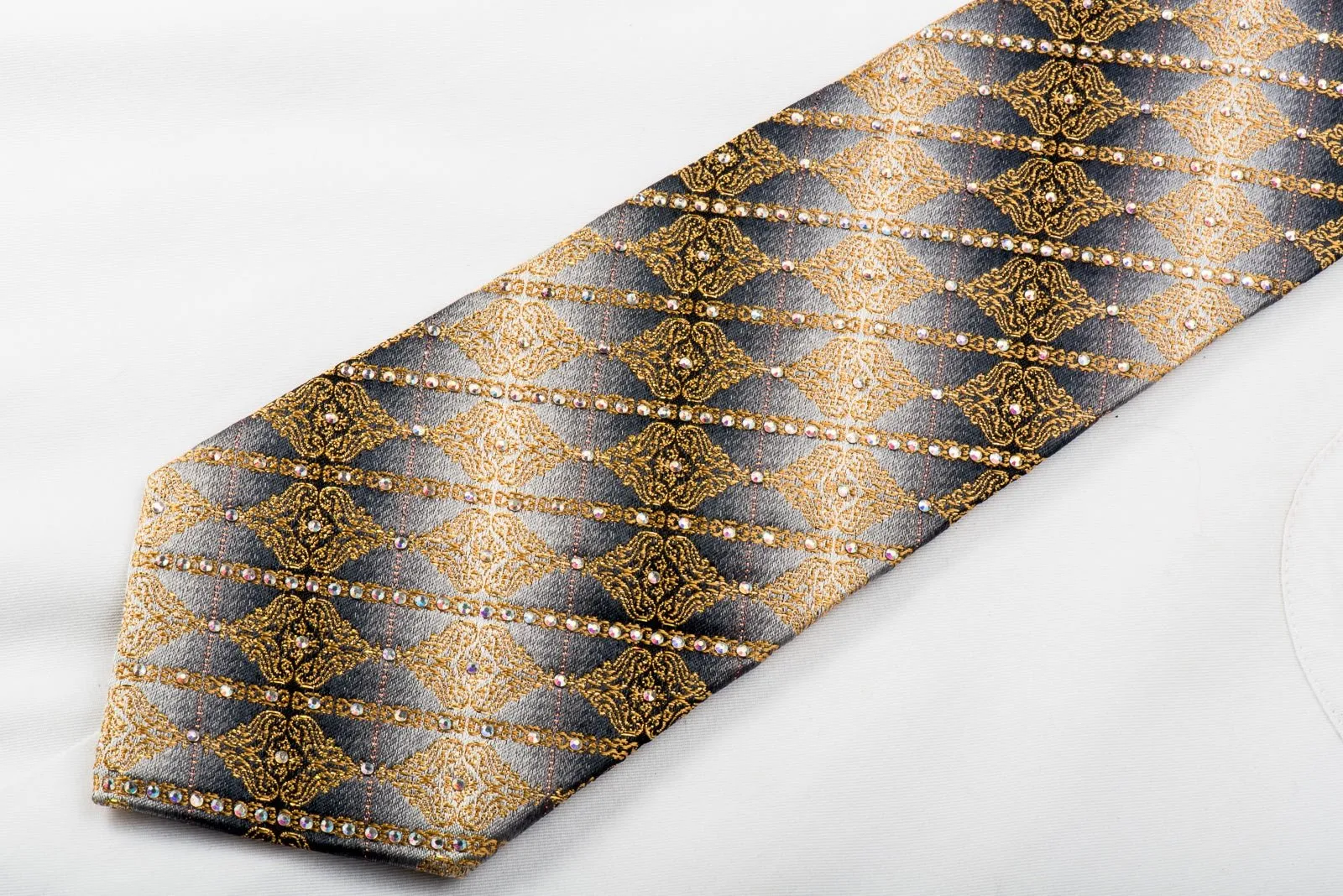 Daniel Hechter Mens Rhinestone Necktie Golden Cartouche On Silver Silk With Gold Sparkles