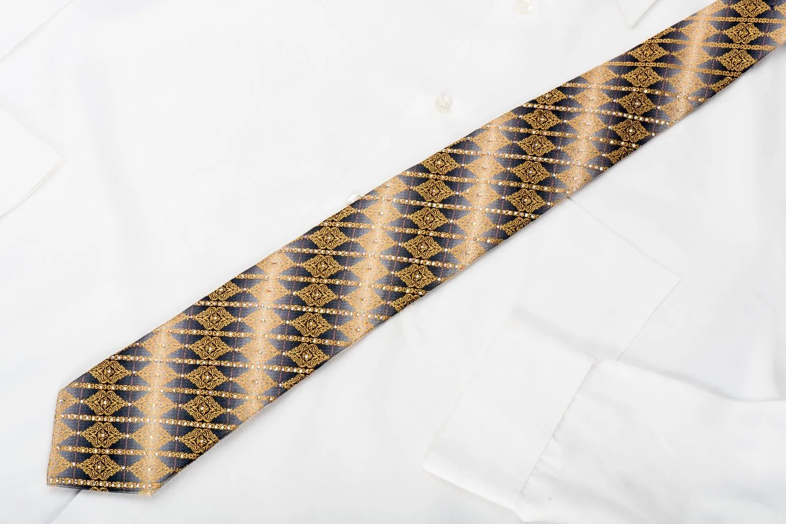 Daniel Hechter Mens Rhinestone Necktie Golden Cartouche On Silver Silk With Gold Sparkles