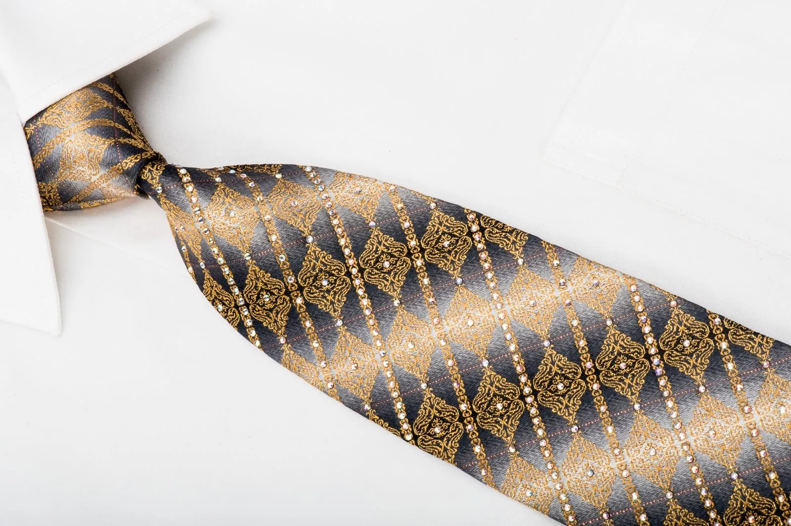 Daniel Hechter Mens Rhinestone Necktie Golden Cartouche On Silver Silk With Gold Sparkles