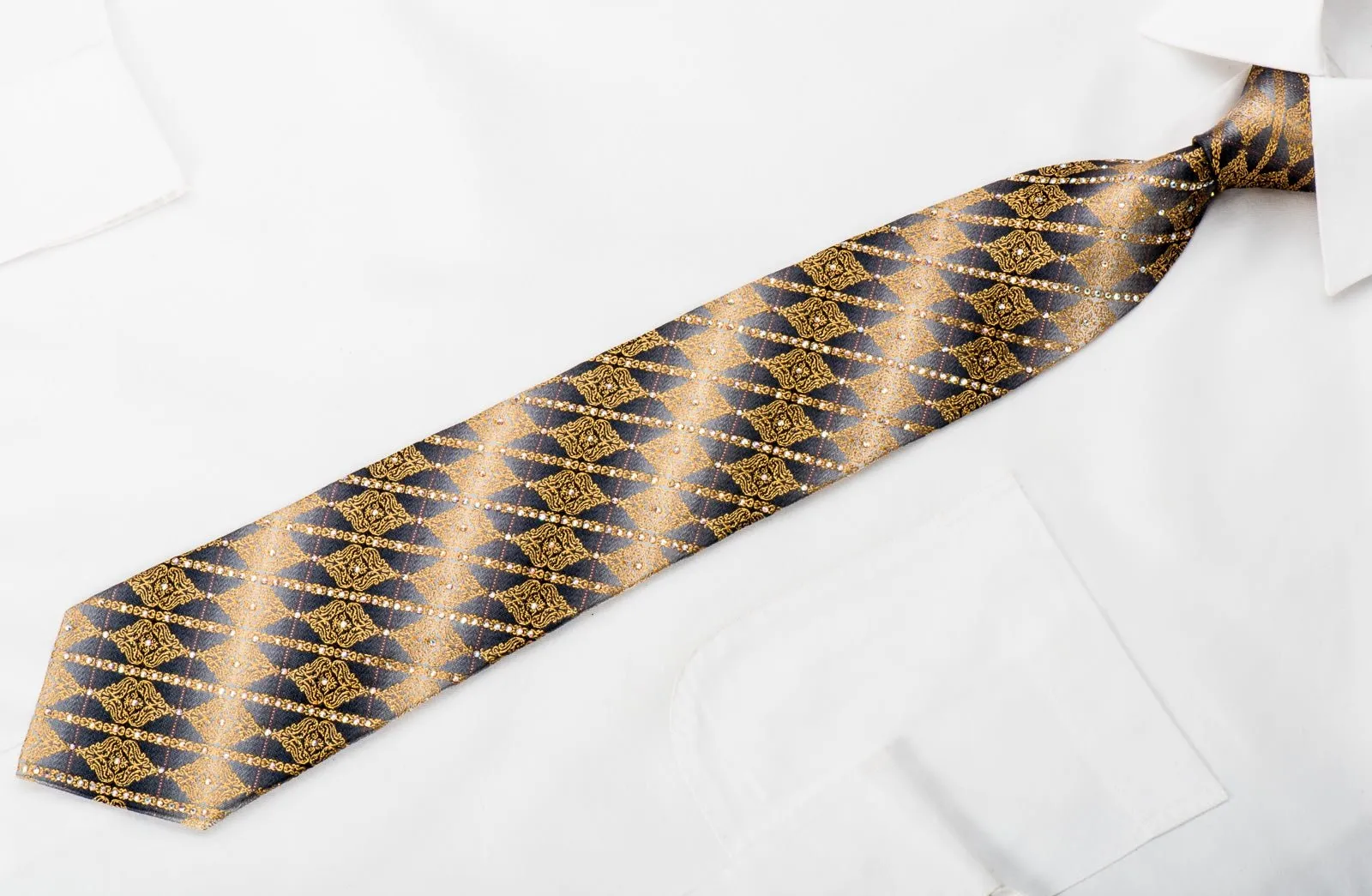 Daniel Hechter Mens Rhinestone Necktie Golden Cartouche On Silver Silk With Gold Sparkles