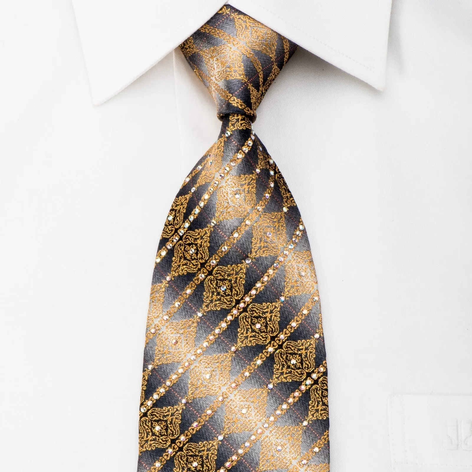 Daniel Hechter Mens Rhinestone Necktie Golden Cartouche On Silver Silk With Gold Sparkles