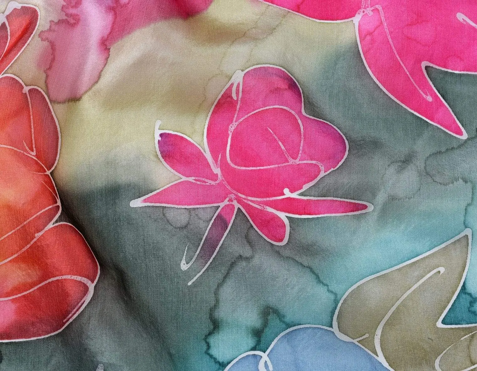 Deluxe Long Hand Painted Satin Silk Scarf Spring Bouquet