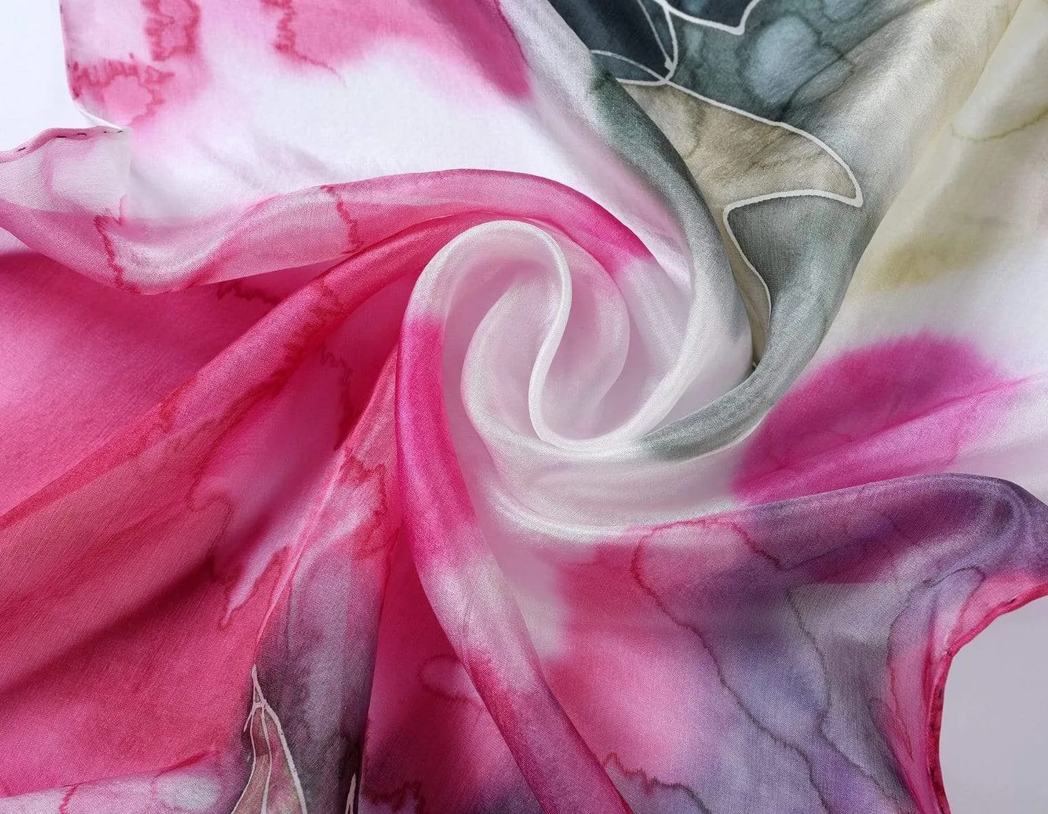 Deluxe Long Hand Painted Satin Silk Scarf Spring Bouquet