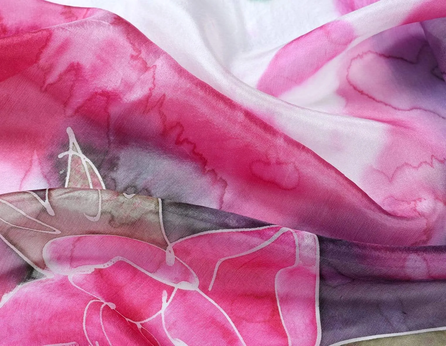 Deluxe Long Hand Painted Satin Silk Scarf Spring Bouquet