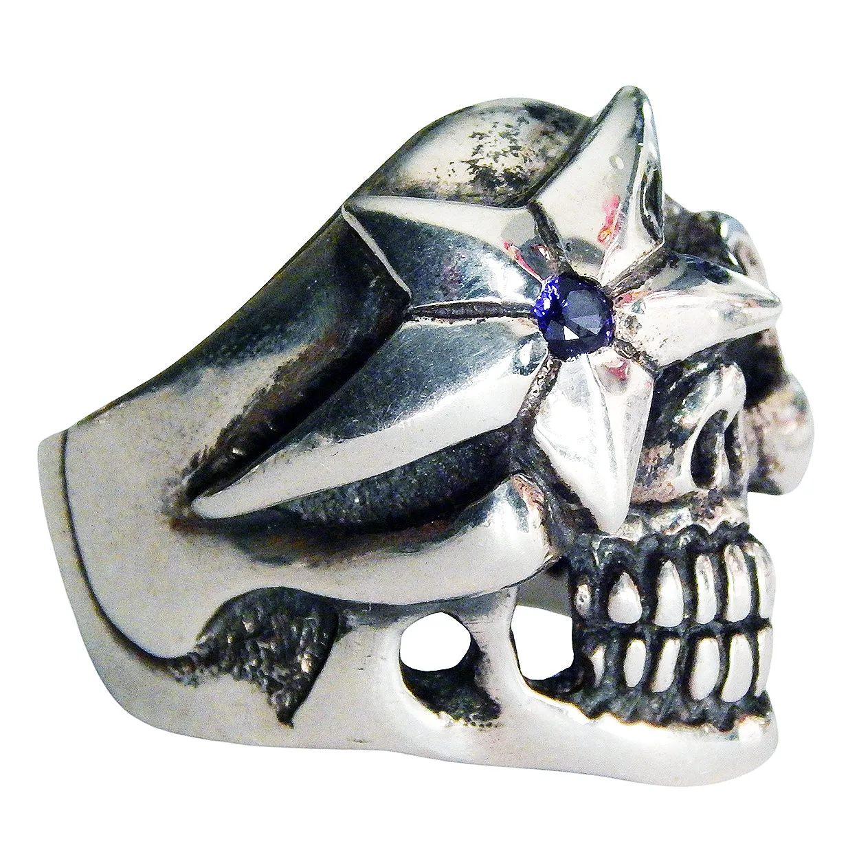 DOUBLE CROSS by Travis Walker - "STAR GAZER SKULL" Ring w/ Blue Sapphire Accent