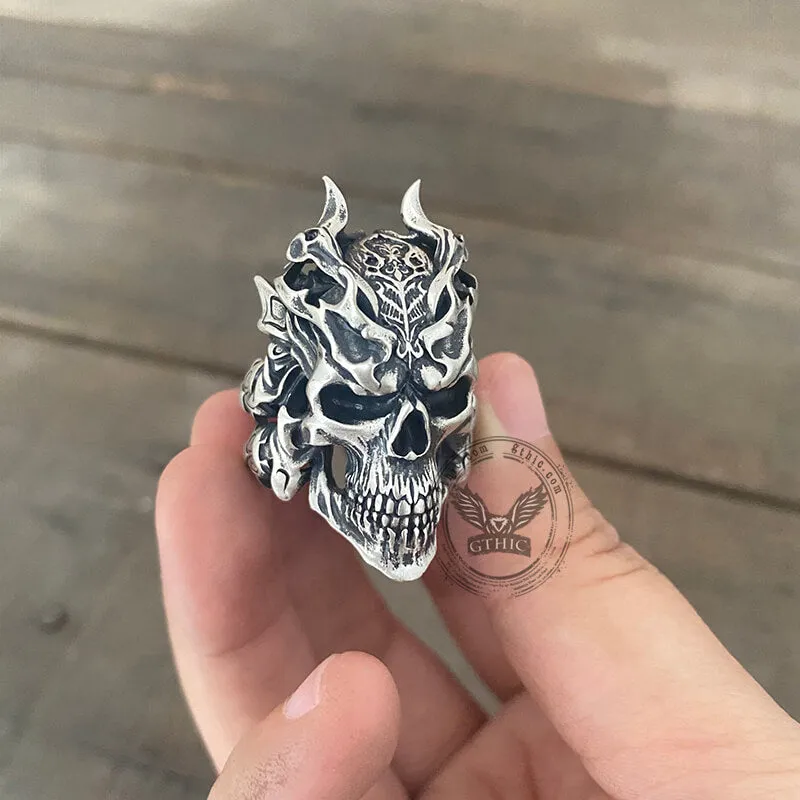 Dragon Horned Samurai Sterling Silver Skull Ring