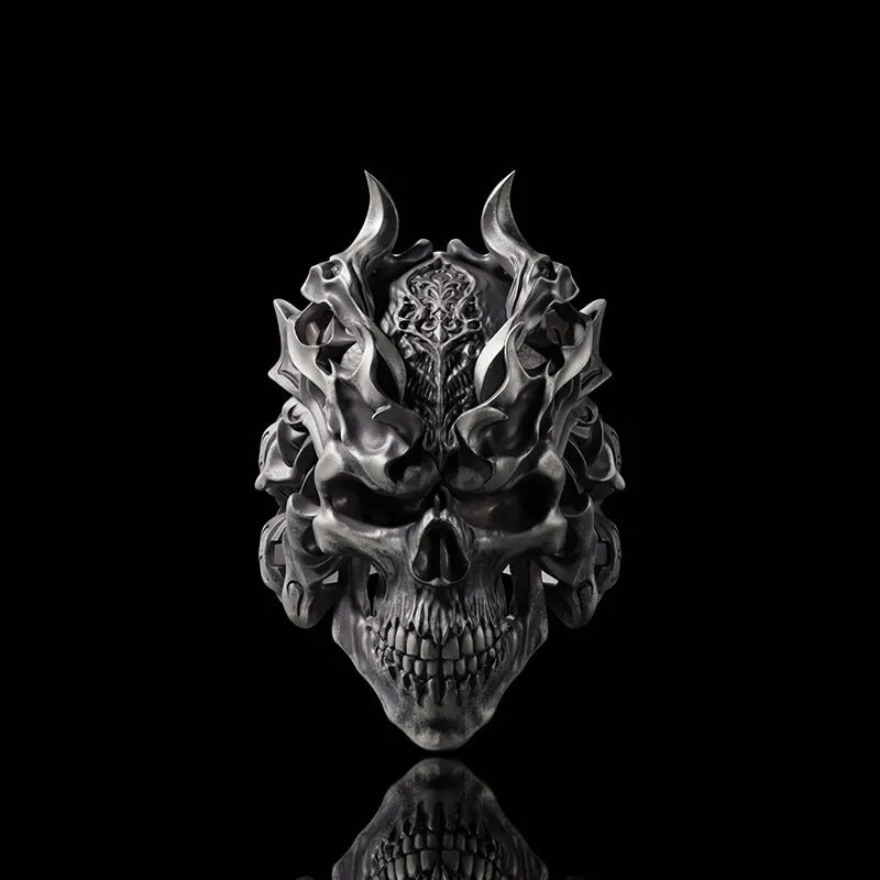 Dragon Horned Samurai Sterling Silver Skull Ring