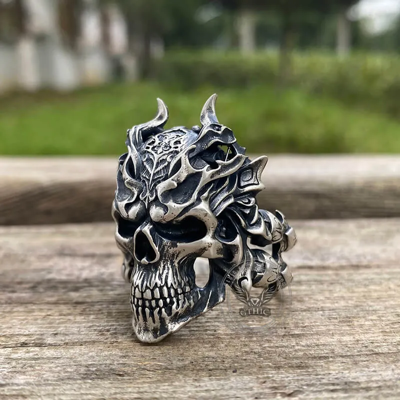 Dragon Horned Samurai Sterling Silver Skull Ring