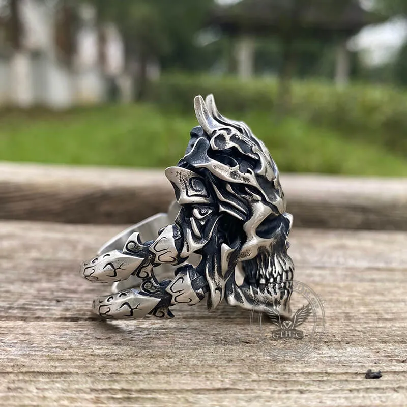 Dragon Horned Samurai Sterling Silver Skull Ring