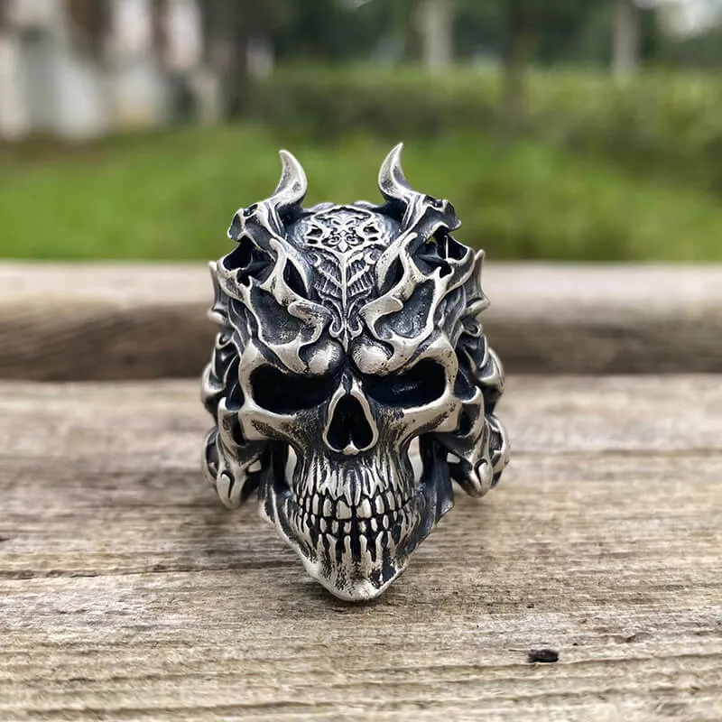 Dragon Horned Samurai Sterling Silver Skull Ring