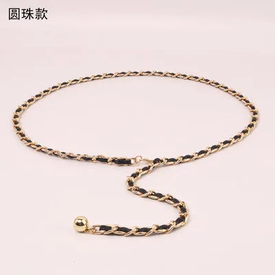 Elegant Sweetheart Pendant Metal Chain Woven PU Slim Thin Belts