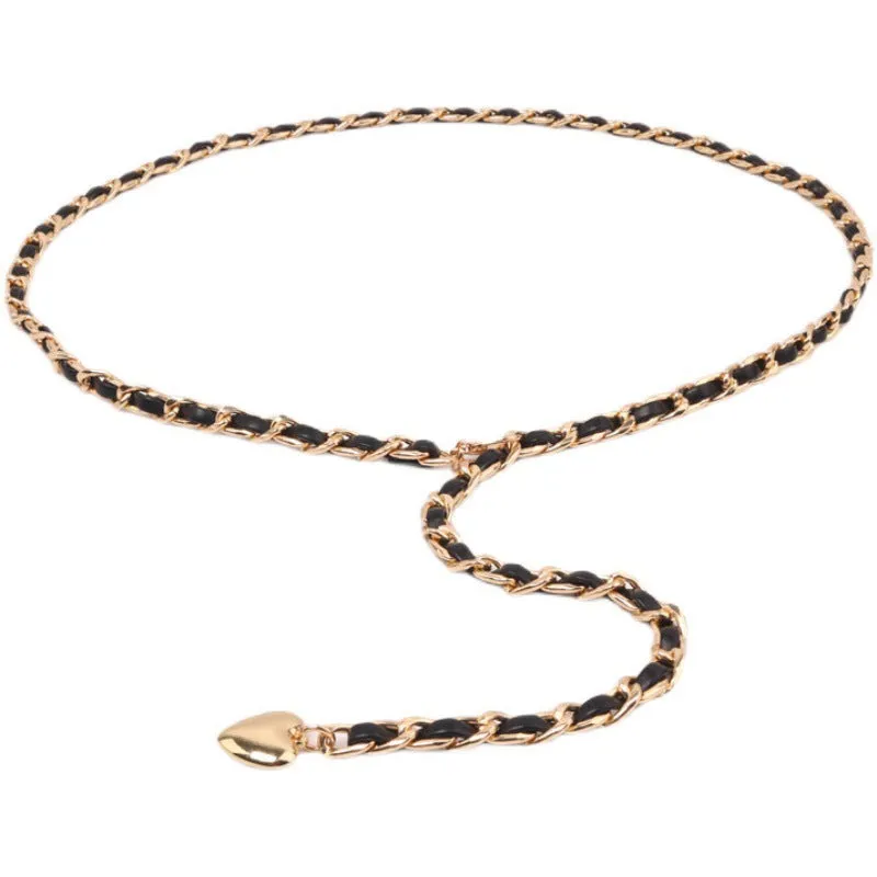 Elegant Sweetheart Pendant Metal Chain Woven PU Slim Thin Belts