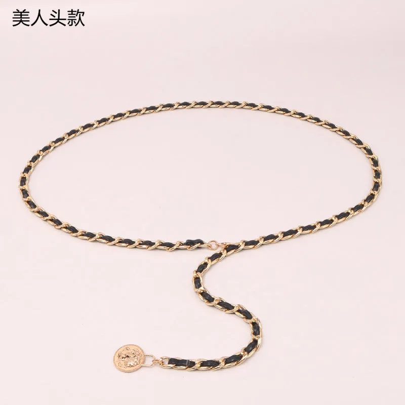 Elegant Sweetheart Pendant Metal Chain Woven PU Slim Thin Belts