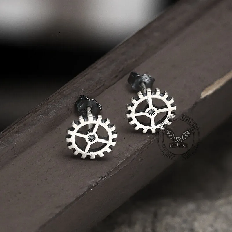 Gear Wheel Sterling Silver Punk Stud Earrings