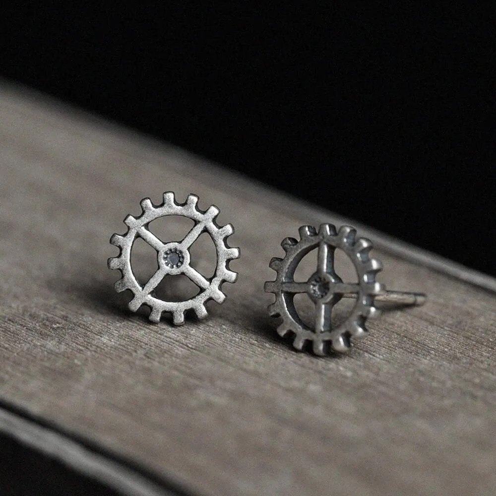 Gear Wheel Sterling Silver Punk Stud Earrings