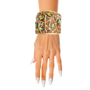 Gold Pink Green Rhinestone Wide Cuff