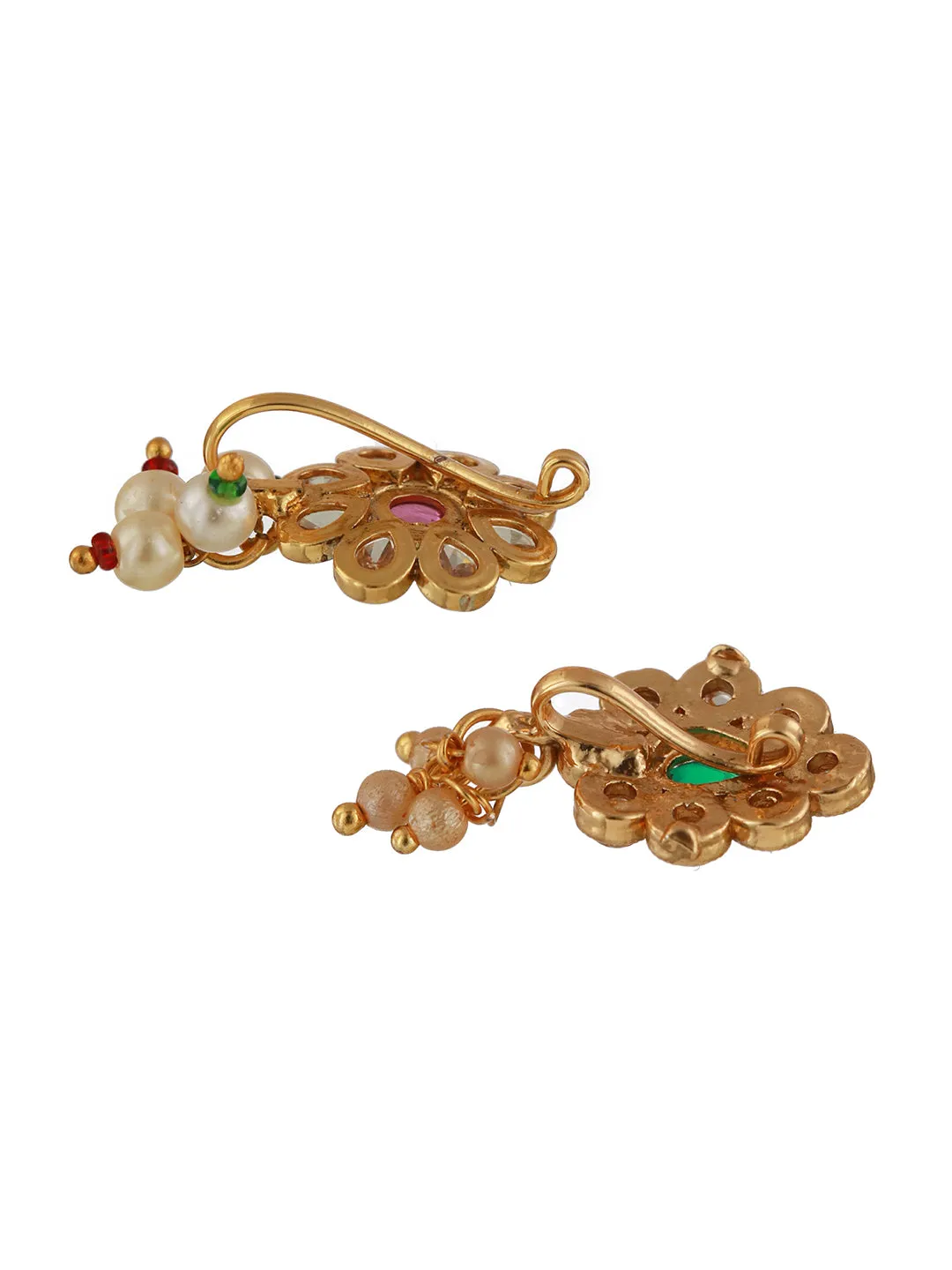 Gold-Plated Red & Green Kundan Studded Flower Nose Pin