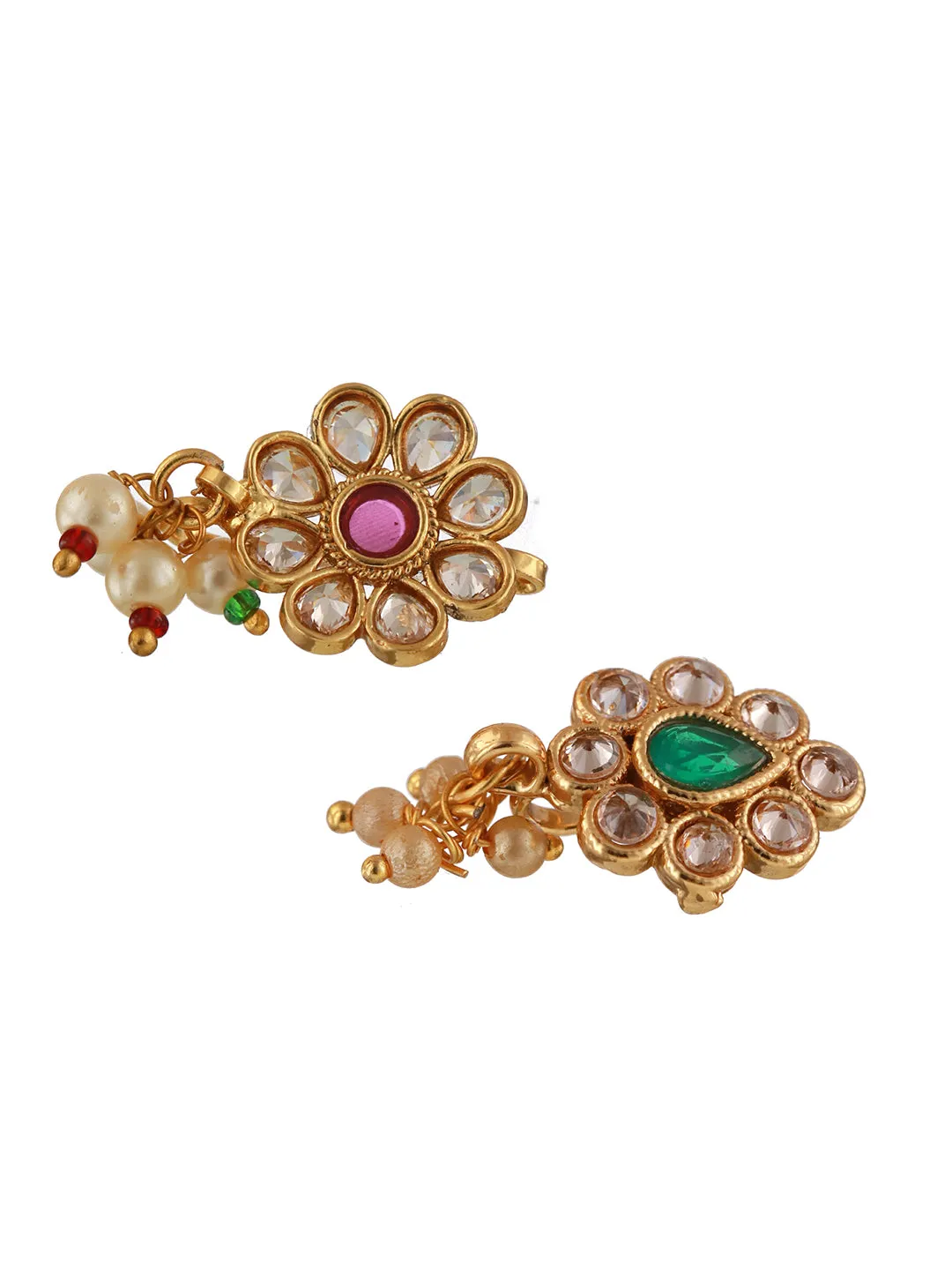 Gold-Plated Red & Green Kundan Studded Flower Nose Pin