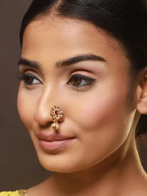 Gold-Plated Red & Green Kundan Studded Flower Nose Pin