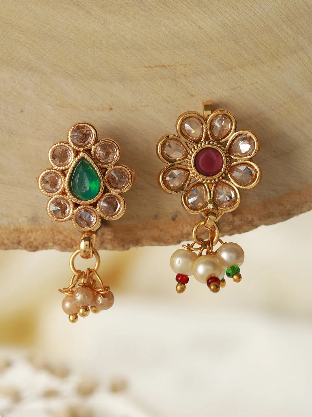 Gold-Plated Red & Green Kundan Studded Flower Nose Pin