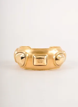 Gold Toned Chunky Studded "CC" Logo Metal Cuff Bracelet