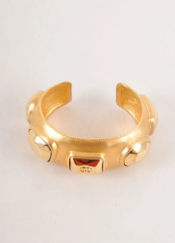 Gold Toned Chunky Studded "CC" Logo Metal Cuff Bracelet