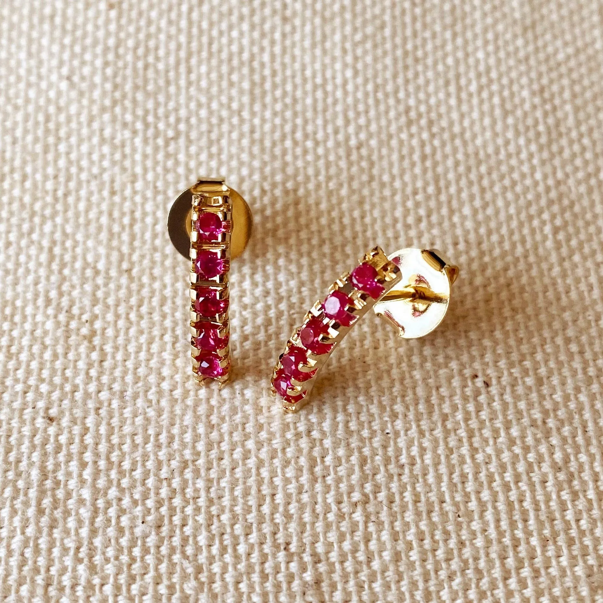 GoldFi - 18k Gold Filled Curved Bar Fuchsia Crystal Stud Earrings