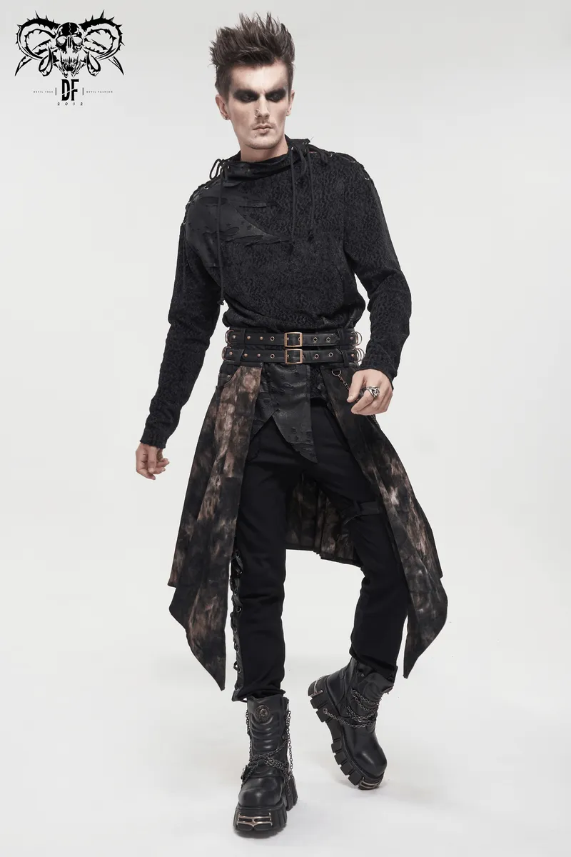 Gothic Open Front Irregular Half Skirt / Men's Half Skirt With Buckle Belts, Chain, Rings & Rivets